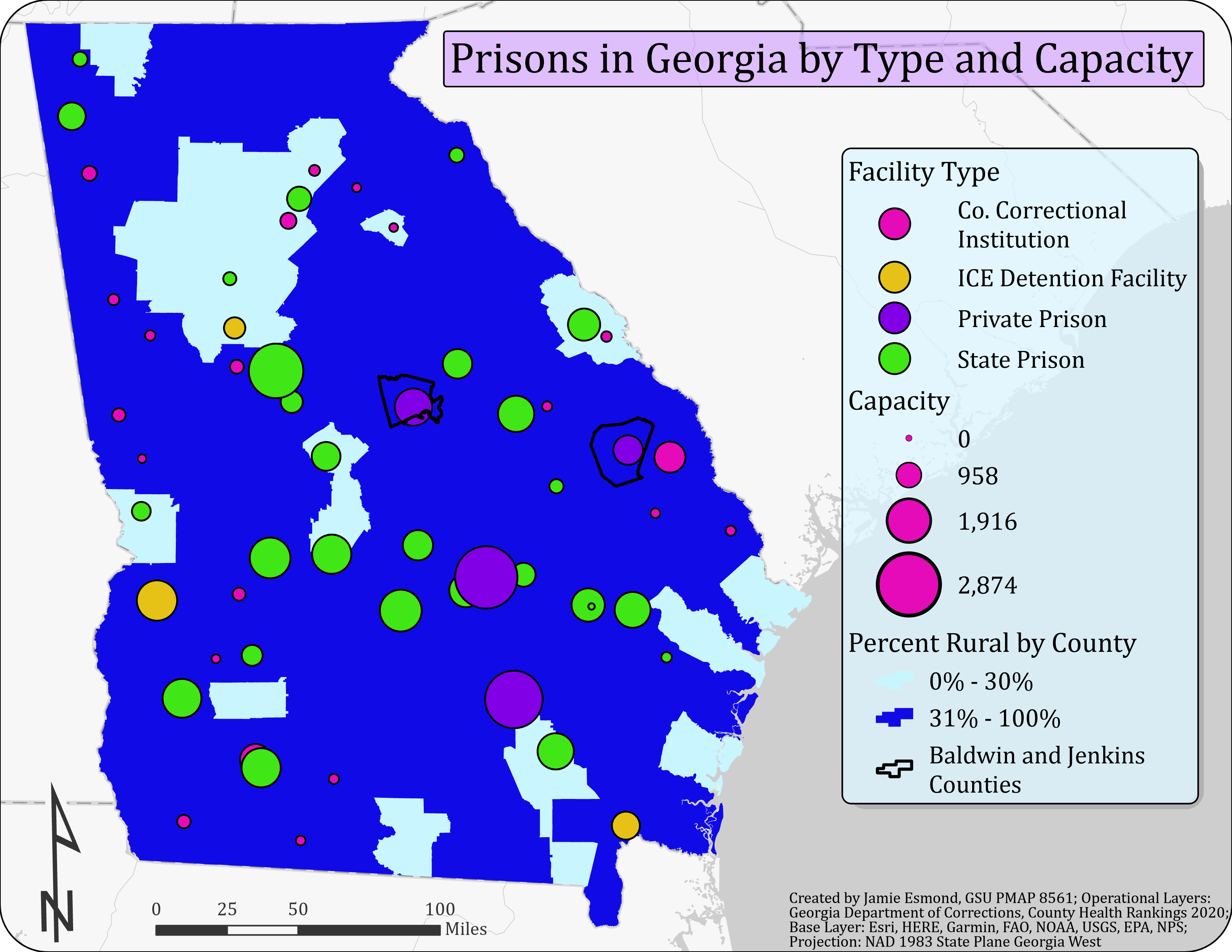 A map of Georgia showing the capacity and location of prisons, color coded to indicate type of facility.