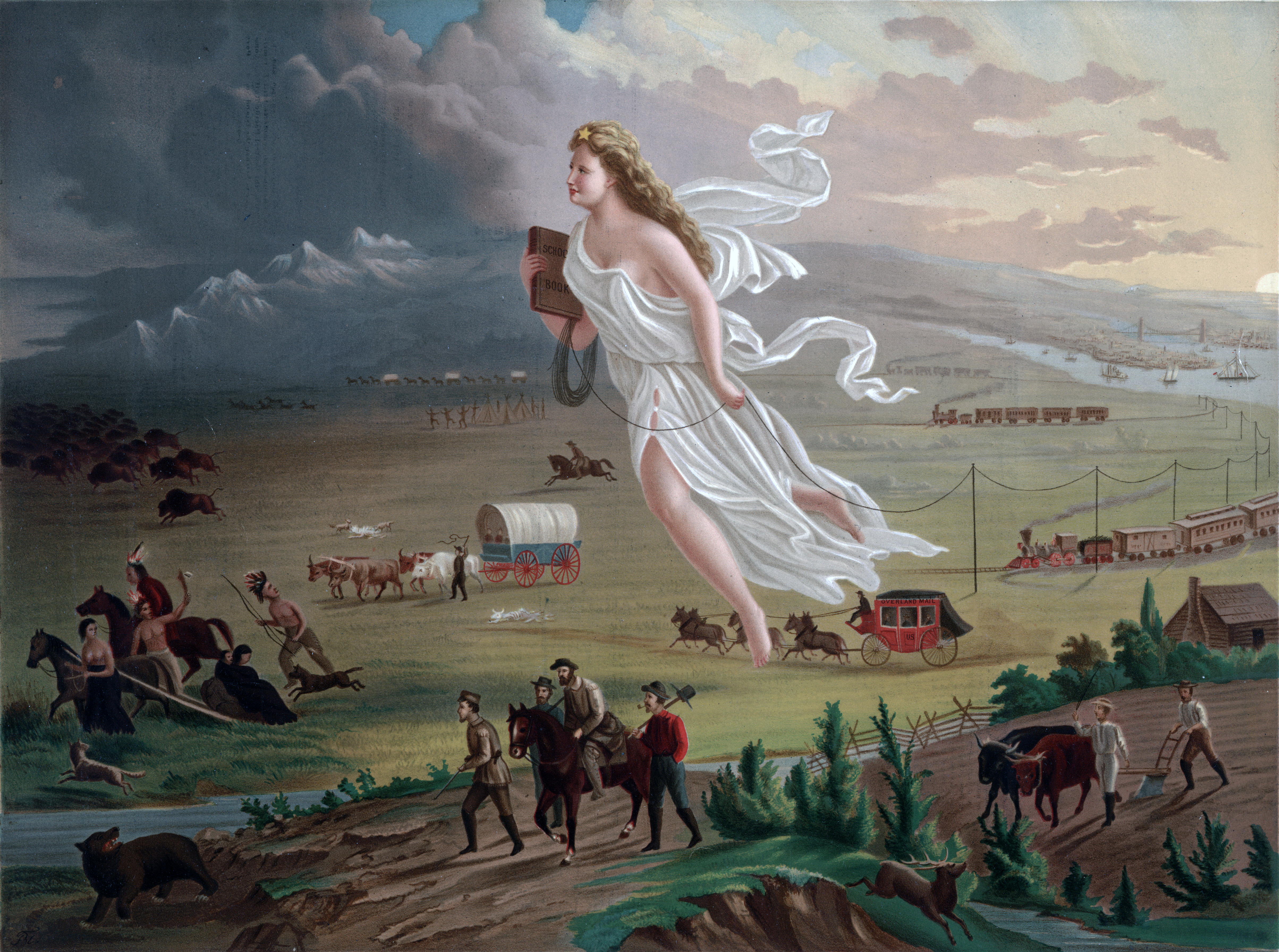 An image of a painting by John Gast from 1872 depicting a fair skinned woman floating above the frontier while settlers travel by horse and covered wagons below her.