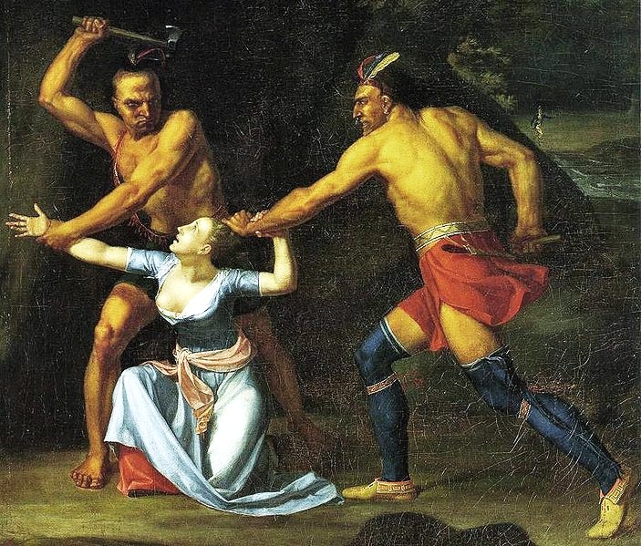 An image of the painting by John Vanderlyn from 1804 depicting a white woman being attacked by two Indigenous men while a helpless white man in the distance fails to save her.
